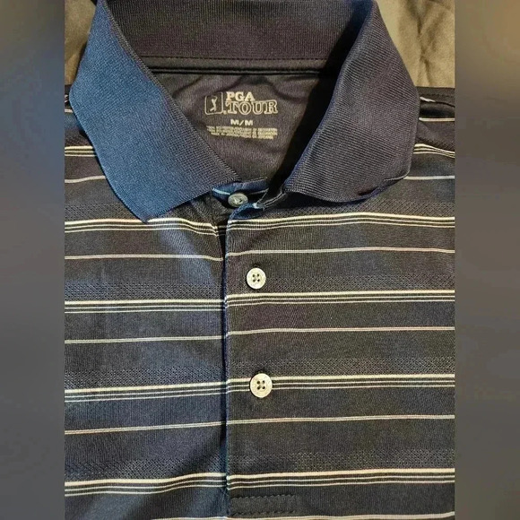 PGA Tour Shirt Mens Medium Navy Blue Stripe Short Sleeve Golf Polo Performance - Picture 2 of 5